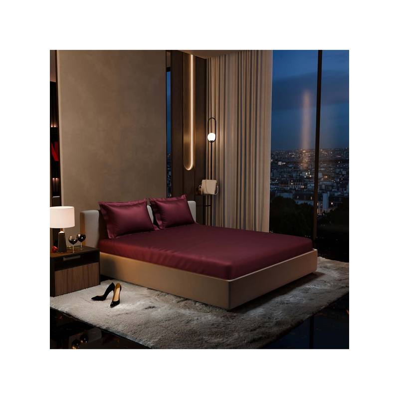Stoa Paris Wine Satin Double Fitted Sheet with 2 Pillow Covers