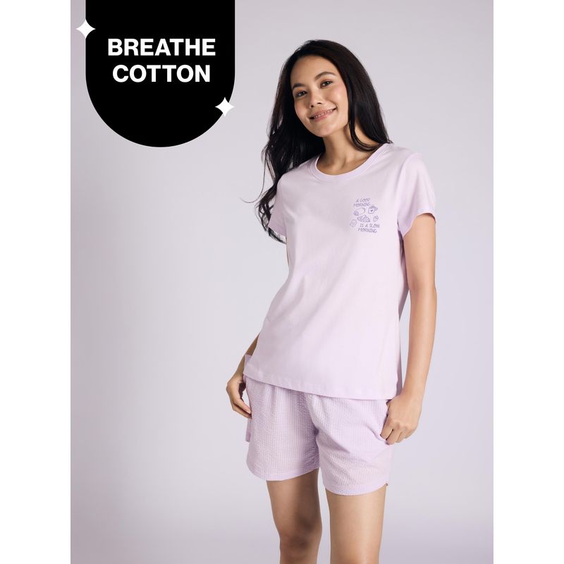 Essential Cotton Shorts Coord Set With Crew Neck Cotton Knit Tee Nys942 Lavender Seer (2XL)
