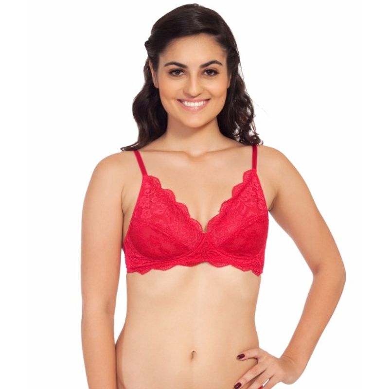 SOIE Women's Padded Non-Wired Lace Bra - Red (32C)