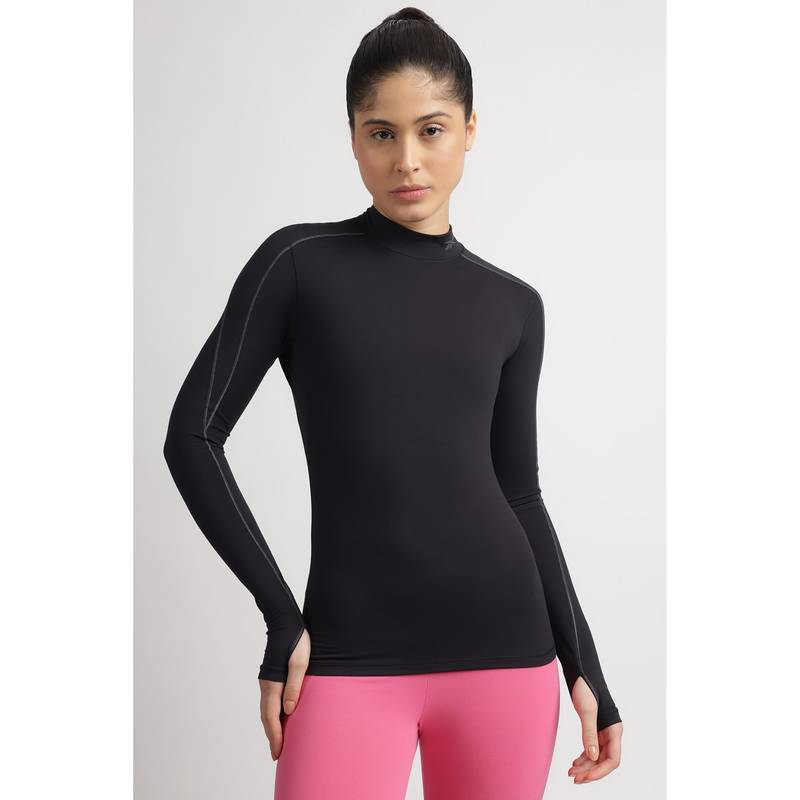 Reebok Women High Neck Black T-Shirt (XS)