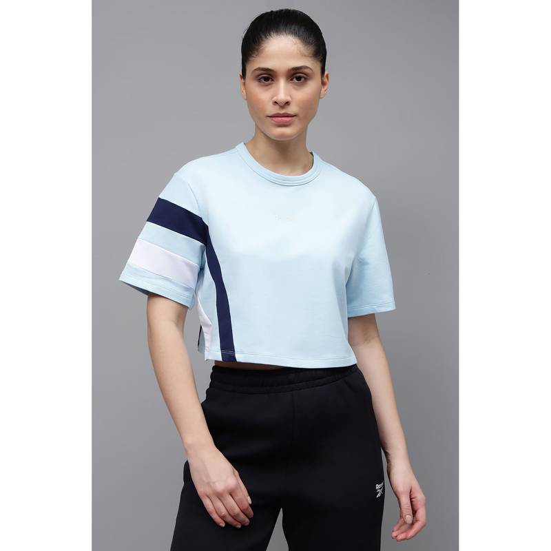 Reebok Women Round Neck Blue Crop T-Shirt (XS)