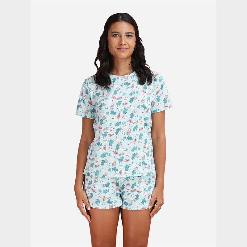 mackly Christmas All Over Printed Women Matching Blue T-Shirt & Shorts (Set of 2) (XS)