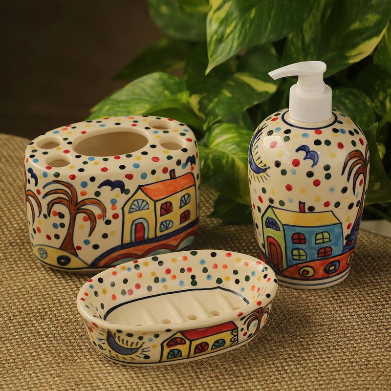 ExclusiveLane 'The Hut Essentials' Hand-Painted Ceramic Bathroom Accessory ( Set Of 3): Buy ExclusiveLane 'The Hut Essentials' Hand-Painted Ceramic  Bathroom Accessory (Set Of 3) Online at Best Price in India