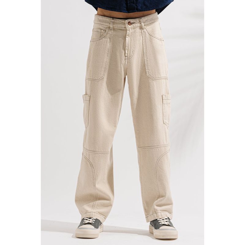 FREAKINS Men Ecru Contrast Cargo Wide Jeans (32)