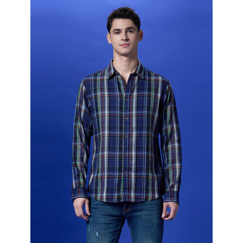 Pepe Jeans Navy Blue Checked Full Sleeved Shirt (S)