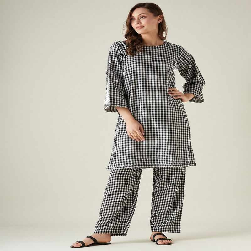 The Kaftan Company Black Checkered Cotton Pajama (Set of 2) (XL)