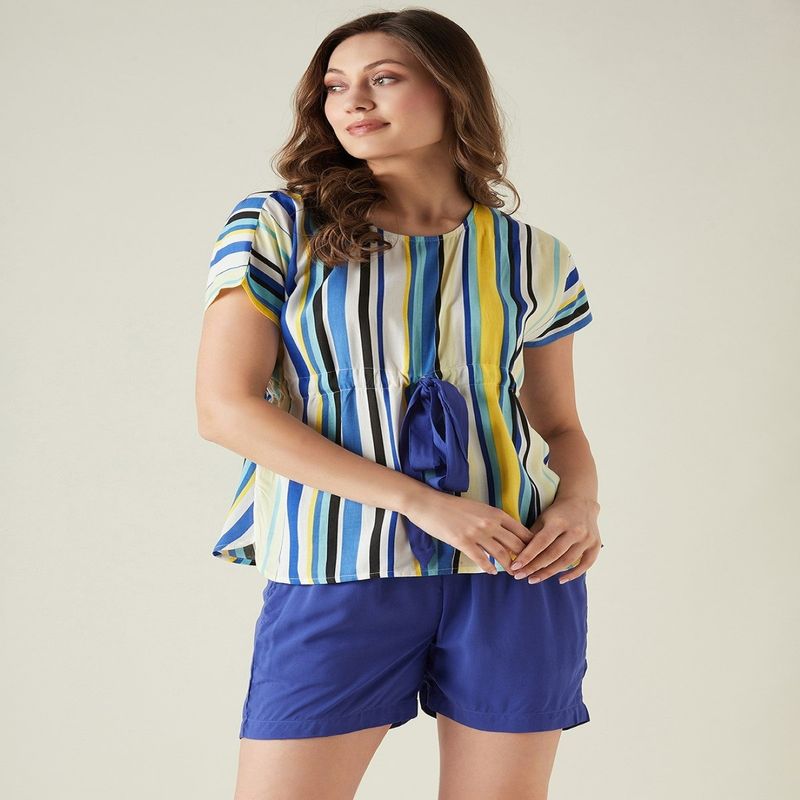 The Kaftan Company Striped Blue Top And Shorts (Set of 2) (M)