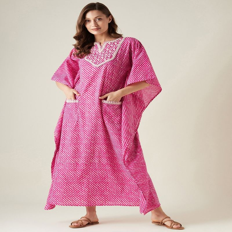 The Kaftan Company Pink Leheriya Embroidered Cotton Kaftan Buy The