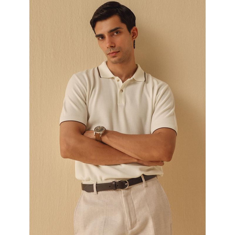 Andamen Men Off White Textured Cotton Bamboo Polo T-Shirt (S)
