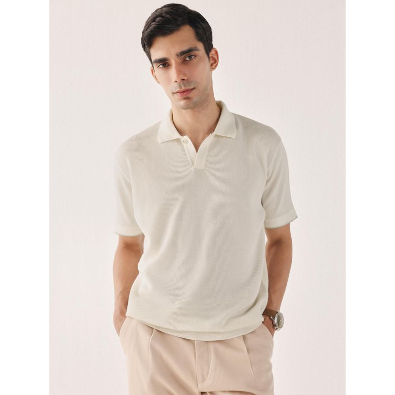 Andamen Men White Structure Cotton Regular Fit Polo T-Shirt (S)