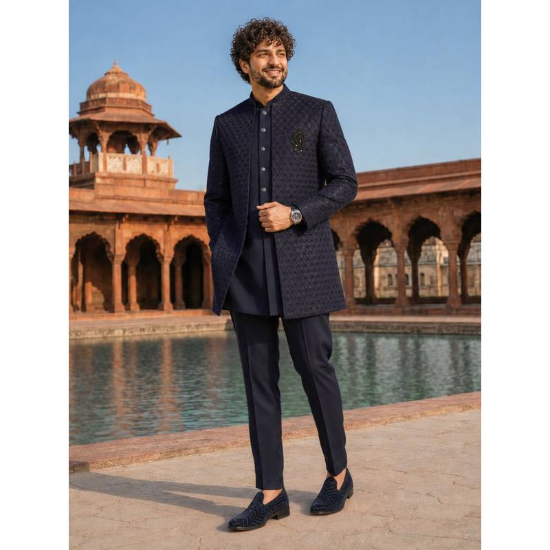 Vastramay Men Navy Blue Jacquard Silk Blend Bandhgalas with Waistcoat and Pant (36)