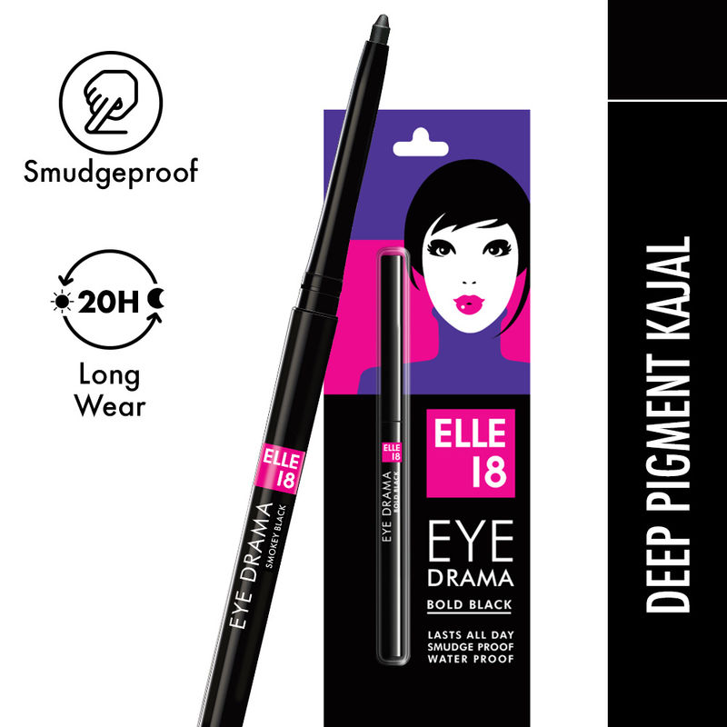 Elle 18 Eye Drama Kajal, Super Black Matte Finish Deep Black