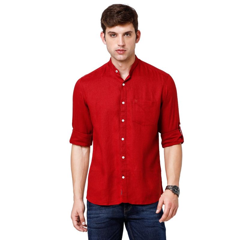 Buy Linen Club Men's Pure Linen Red Solid Regular Fit Full Sleeve