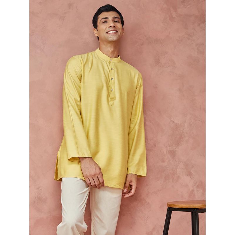 Fabindia Yellow Viscose Silk Thigh Length Short Kurta (XS)