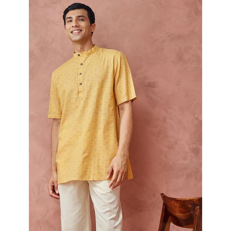 Fabindia Yellow Cotton Floral Printed Short Kurta (XS)
