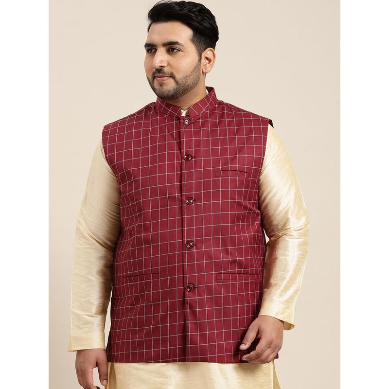 SOJANYA Men Cotton Blend Maroon Checked Nehru Jacket (3XL)