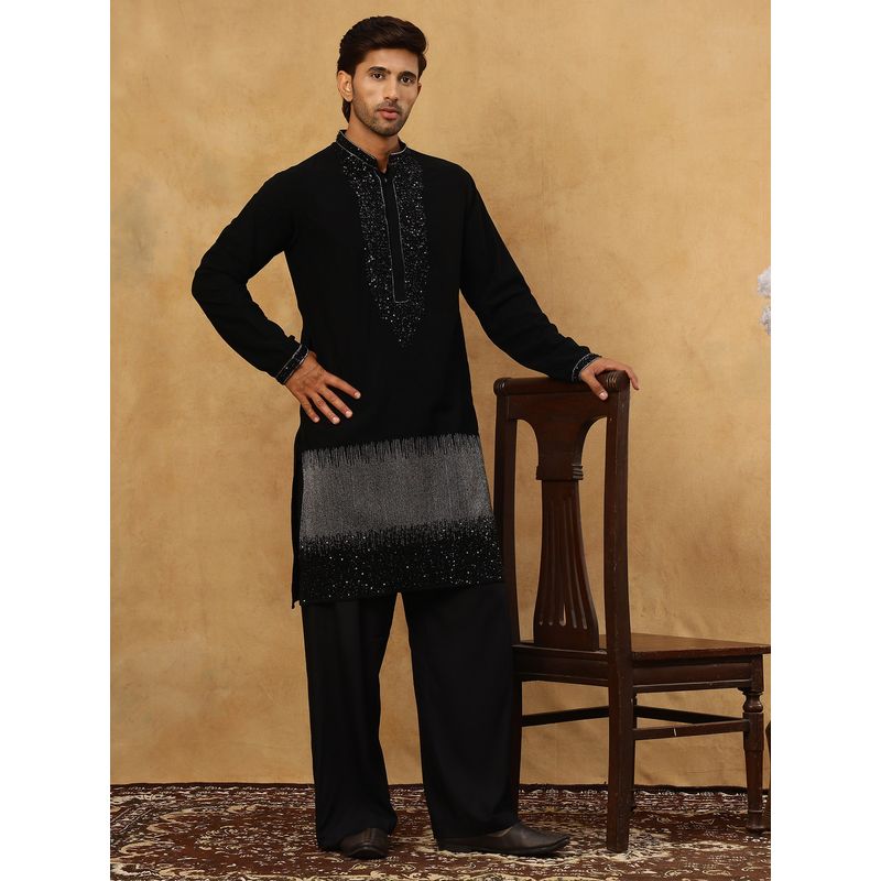 Jompers Men Japanese Imported Black Fabric Embroidered Kurta With Pyjama (2XL)
