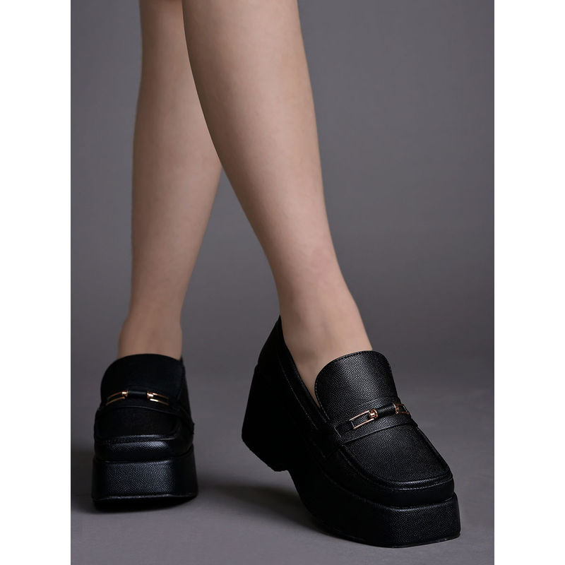 Shoetopia Stylish Solid Buckle Detailed Black Loafers for Women (EURO 41)