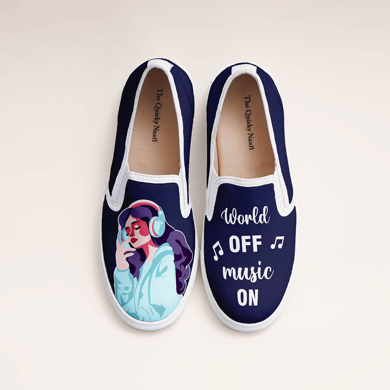 The Quirky Naari Music On Slip-On Sneakers - Navy Blue (EURO 37)