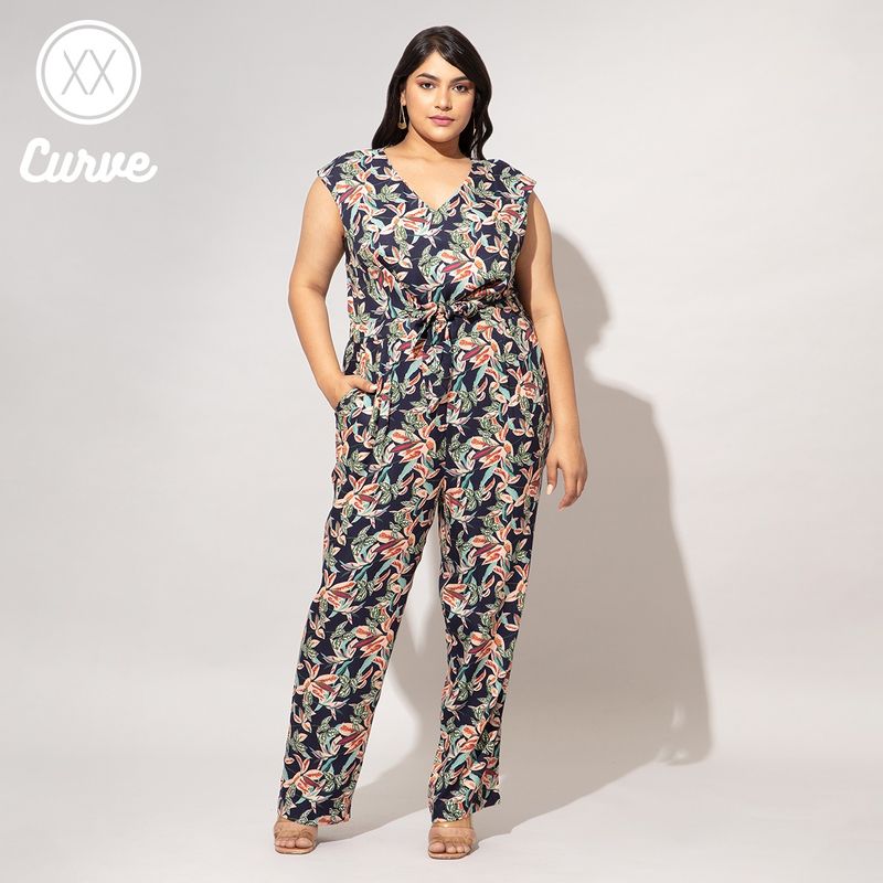 Twenty Dresses by Nykaa Fashion Curve Black And Multicolor Floral V Neck Jumpsuit (2XL)