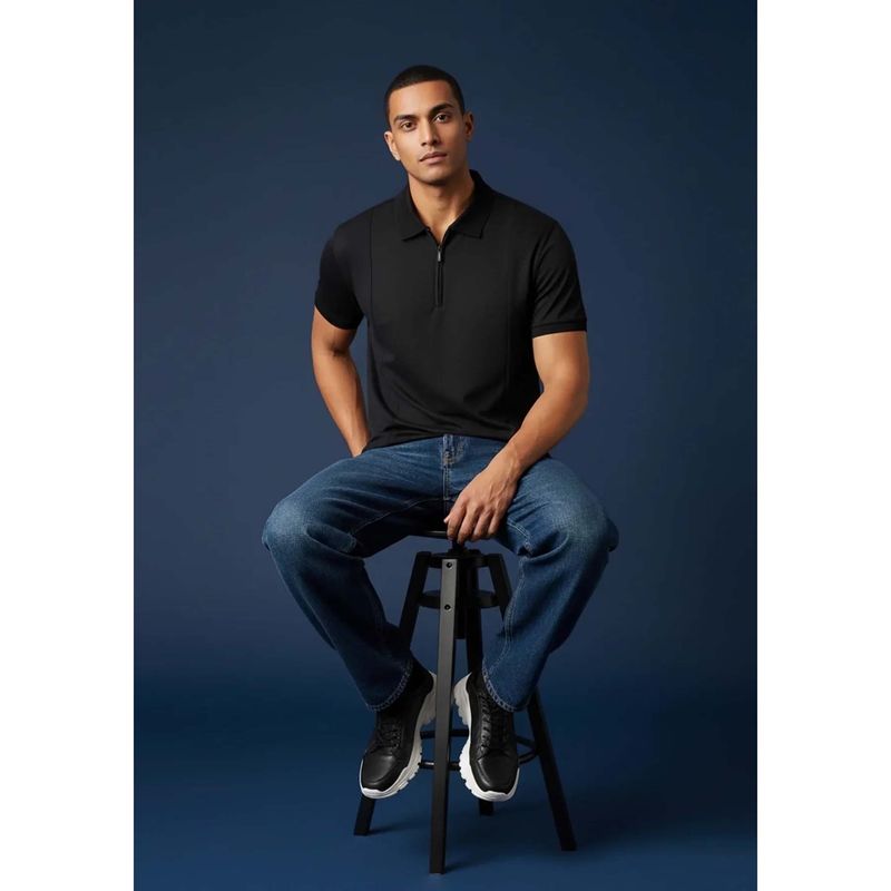 OUTERWORLD Black Solid Polo T-Shirt (L)