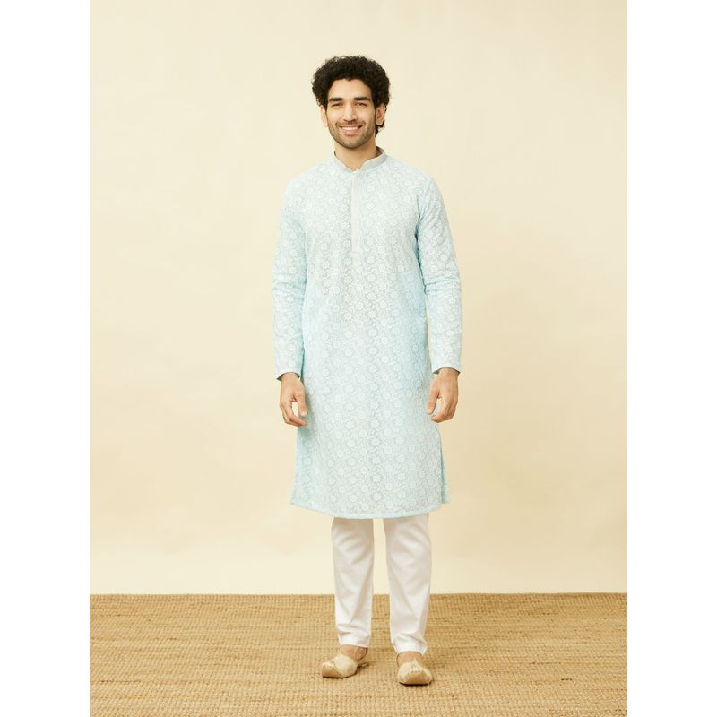 Manyavar Blue Georgette Chikankari Traditional Kurta (Set of 2) (S)