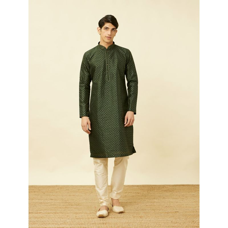 Manyavar Green Art Silk Self Design Traditional Kurta (Set of 2) (M)