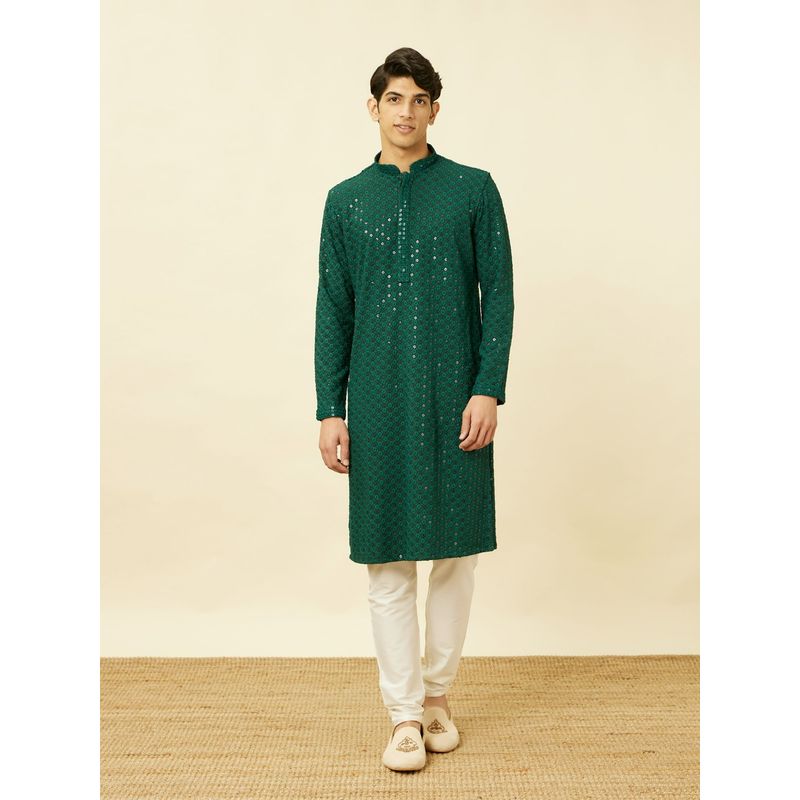 Manyavar Green Viscose Chikankari Traditional Kurta (Set of 2) (XL)
