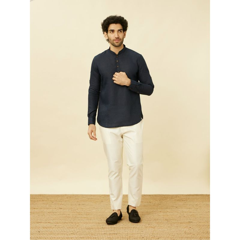 Manyavar Blue Linen Solid Traditional Short Kurta (L)