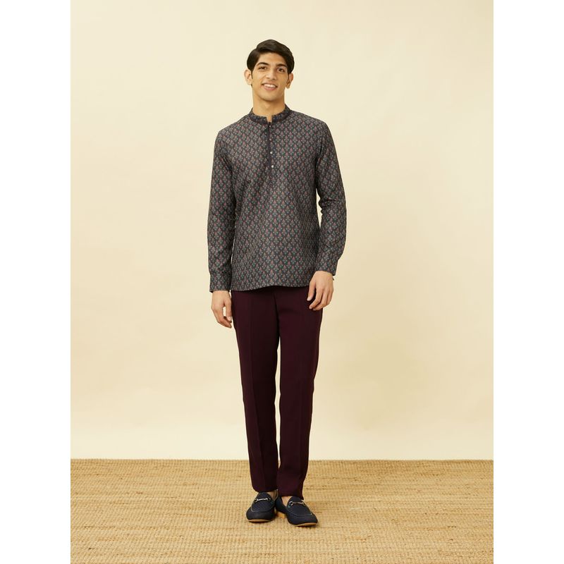 Manyavar Blue Art Silk Printed Traditional Short Kurta (XL)