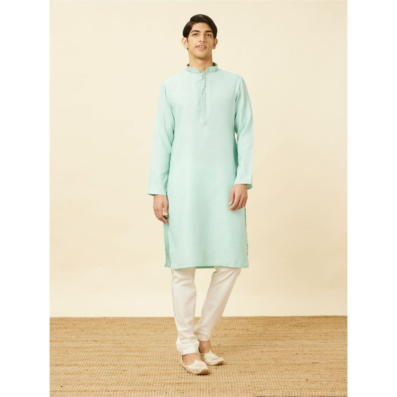 Manyavar Blue Blended Viscose Solid Traditional Kurta (Set of 2) (S)