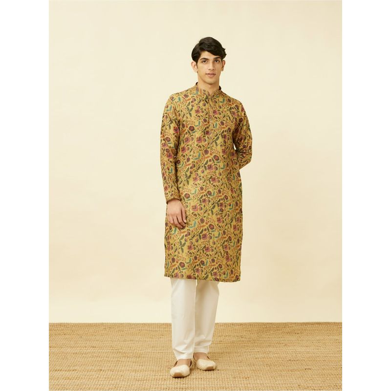 Manyavar Mustard Blended Viscose Printed Traditional Kurta (Set of 2) (L)
