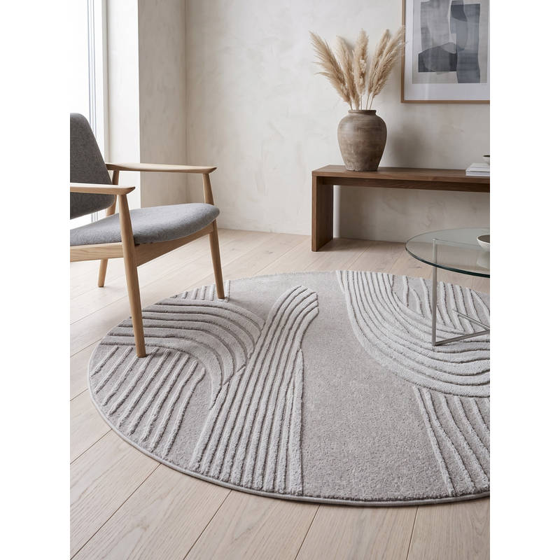 Neu Looms Hand Tufted Modern Wave Round Wool Silk Rug- Beige (4 Feet)