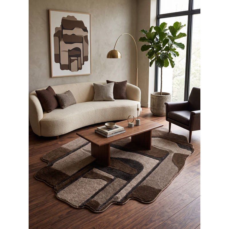 Neu Looms Hand Tufted Modern Abstract Wool Shaped Rug- Mocha Brown (3x5 feet)