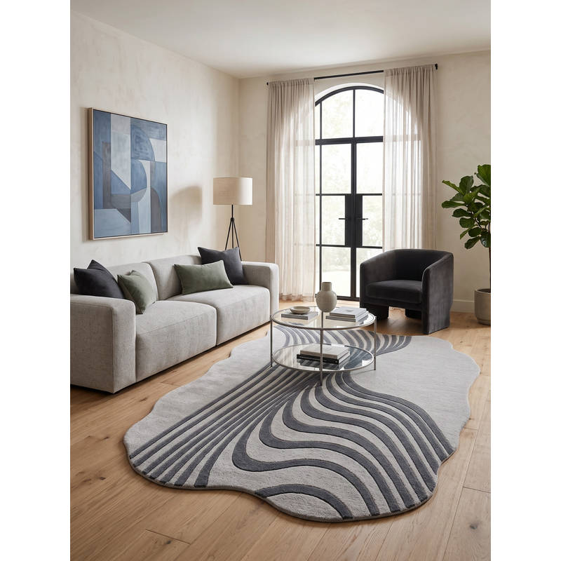 Neu Looms Hand Tufted Modern Wave Wool Silk Shaped Rug- Grey (3x5 feet)