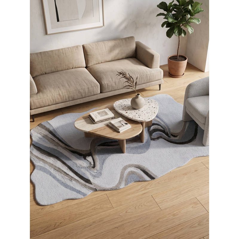Neu Looms Hand Tufted Wool Silk Shaped Rug- Modern Wave Beige (3x5 feet)