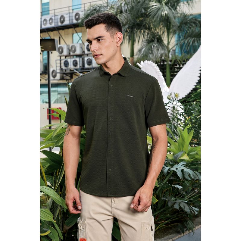 Parcel Yard Men Olive Self Design Collar Neck Shirt (XL)