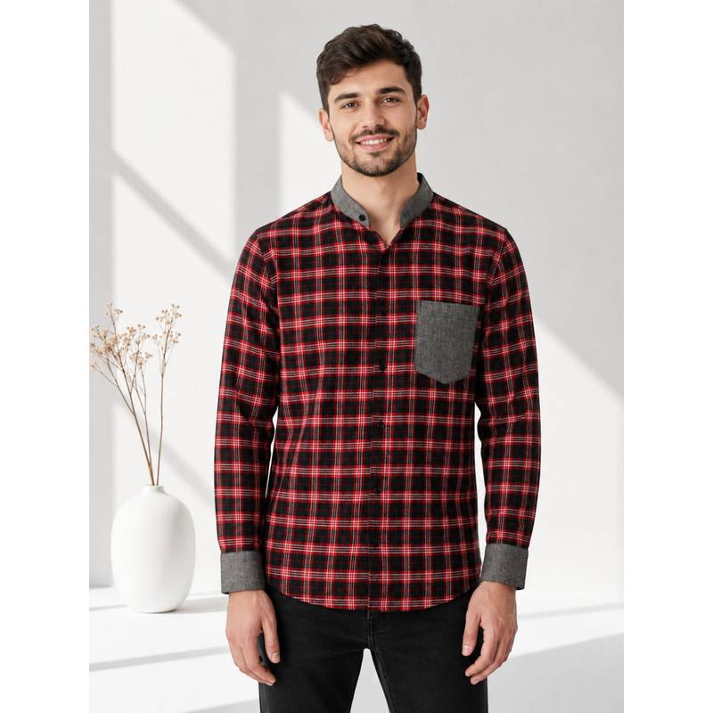Oxolloxo Men Red Check Print Mandarin Collar Long Sleeve Cotton Shirt (S)