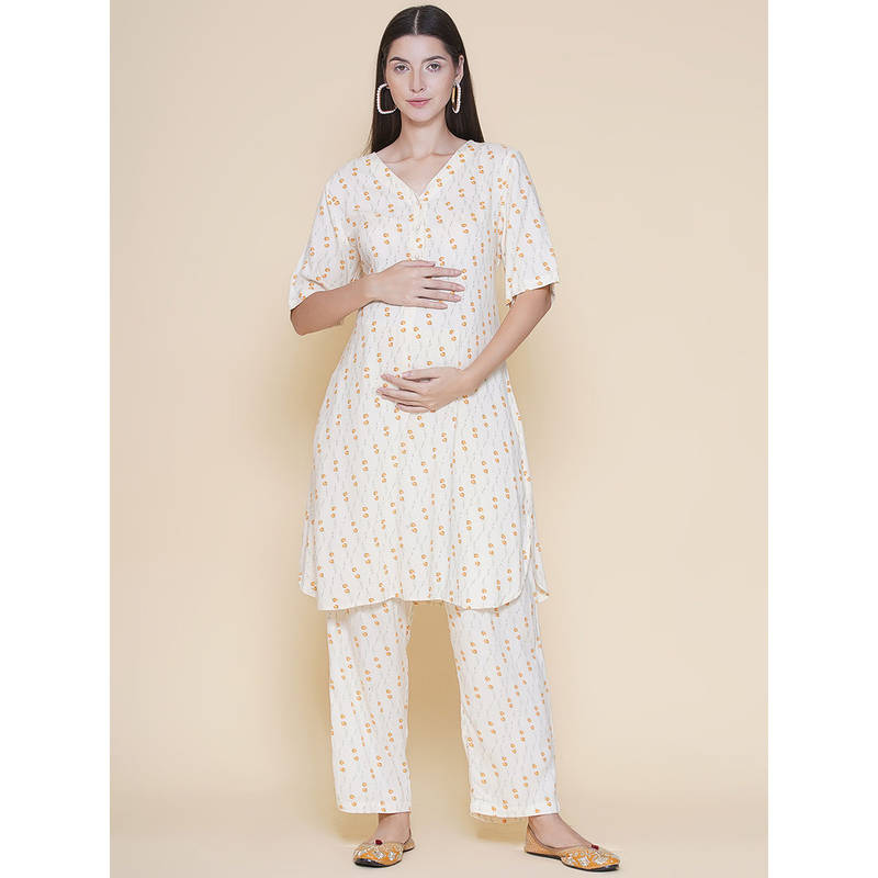 Mine4Nine Cream Floral Printed Rayon Maternity Kurta with Pant (Set of 2) (XL)
