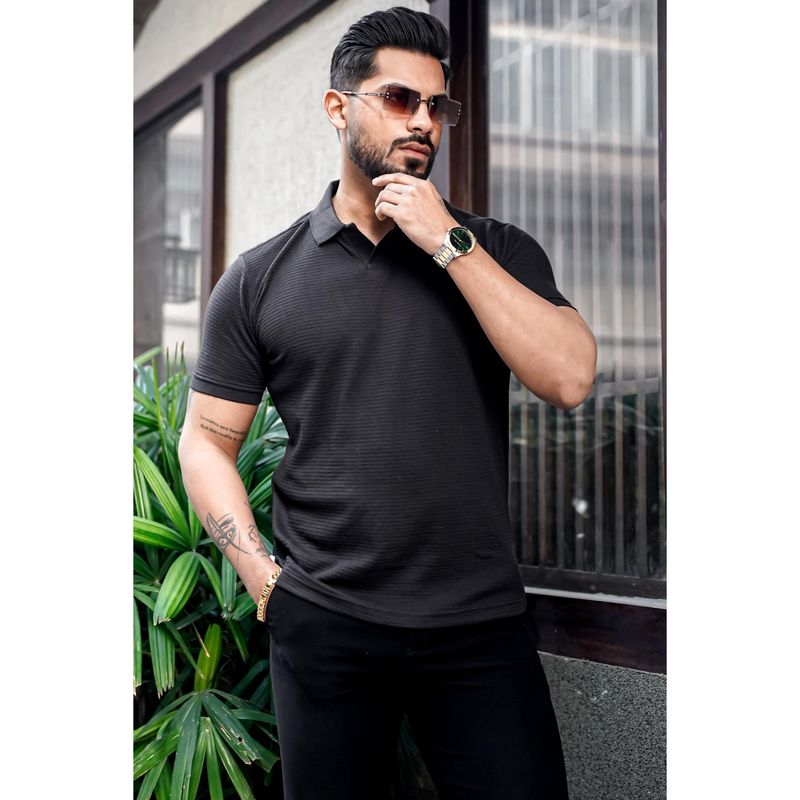 GRITSTONES Men Black Polo Neck T-shirt (S)