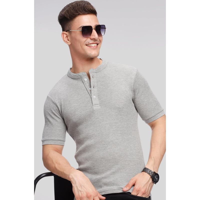 GRITSTONES Men Grey Melange Waffle Knit Henley T-shirt (M)
