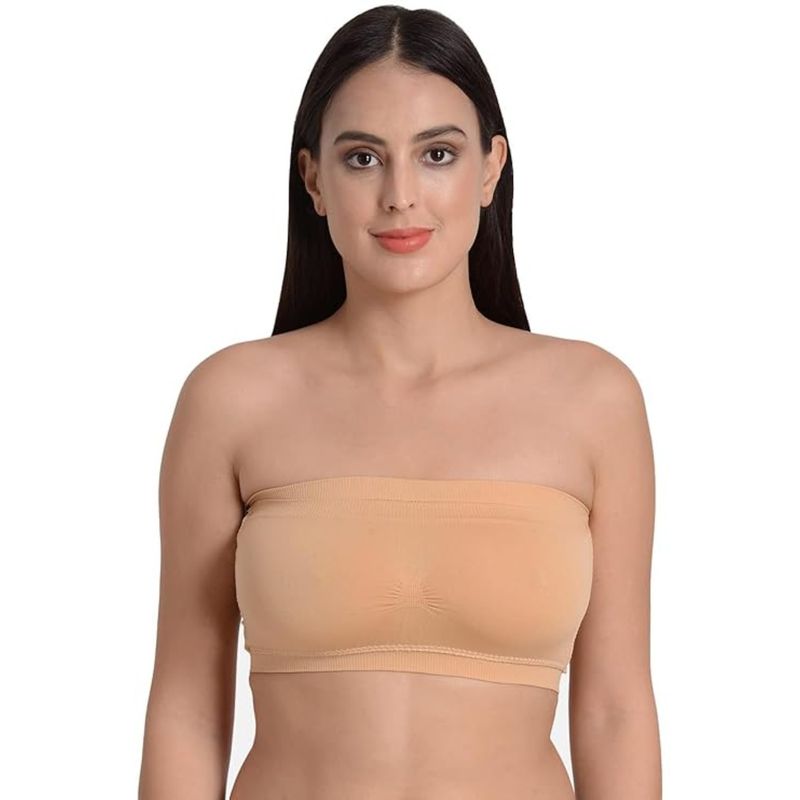 BRACHY Half Coverage Lightly Padded Comfort Seamless Rapid Dry Bandeau Tube Bra Beige (30B)