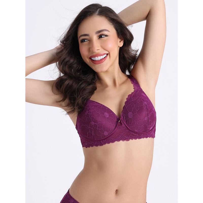 Zivame La Flamme Padded Non Wired 3/4Th Coverage Lace Bra - Dark Purple (32B)