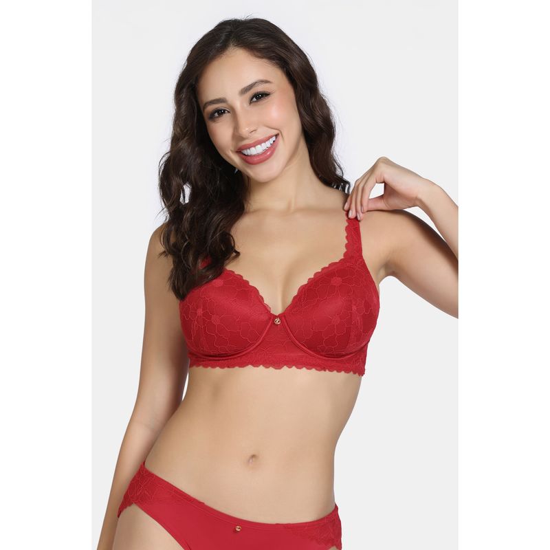Zivame La Flamme Padded Non Wired 3/4Th Coverage Lace Bra - Scarlet Smile (32C)