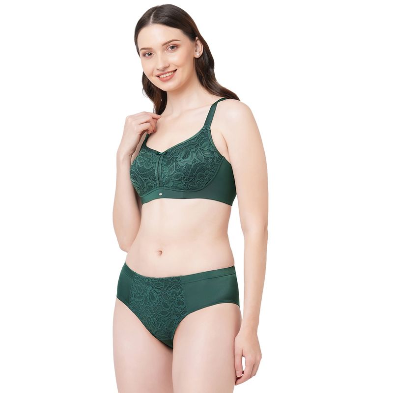 SOIE Women's Non-Padded Non-Wired Lace Bra With High Waist Lace Brief Green (Set of 2) (34D)
