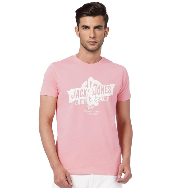 Jack & Jones Pink Logo Print Crew Neck T-shirt (M)