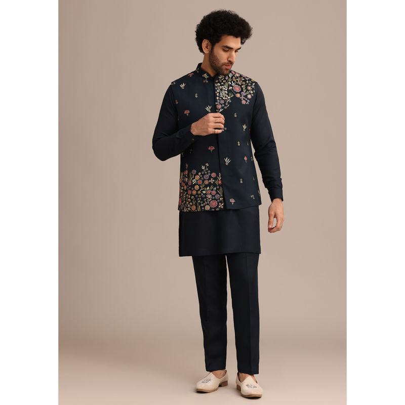 KALKI FASHION Navy Blue Embroidered Motifs Kurta Jacket with Pant (2XL)