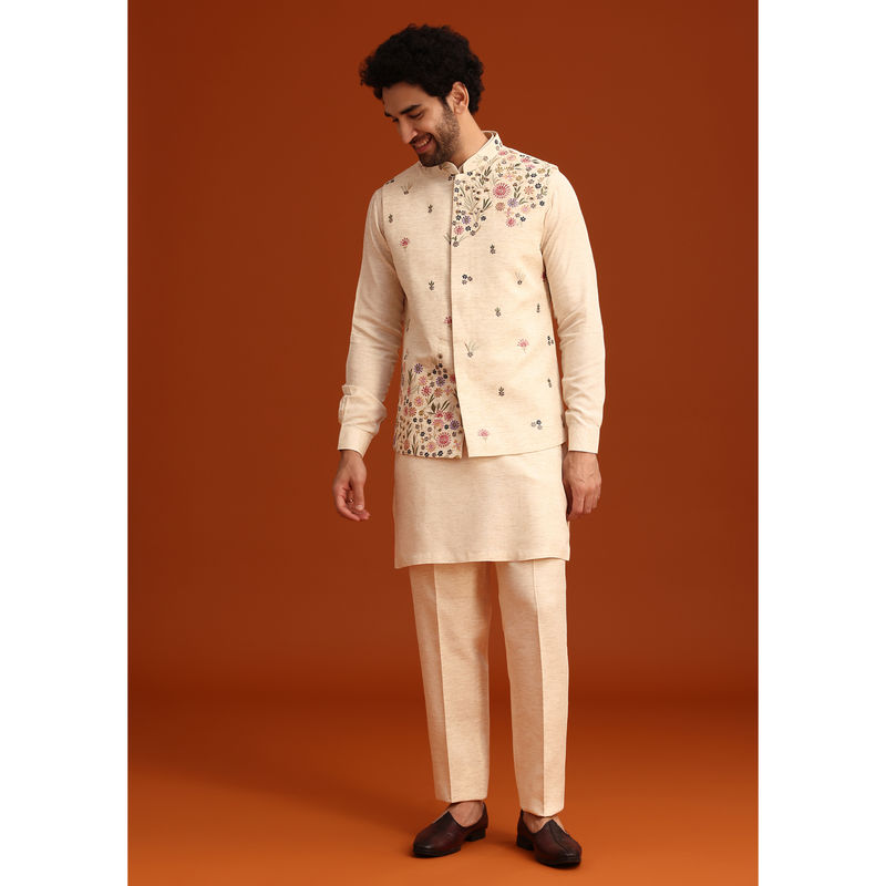 KALKI FASHION Beige Floral Hand Embroidered Kurta Jacket with Pant (XL)