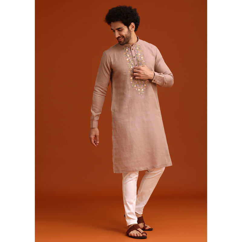 KALKI FASHION Onion Pink Floral Resham Hand Embroidered Kurta with Pant (L)