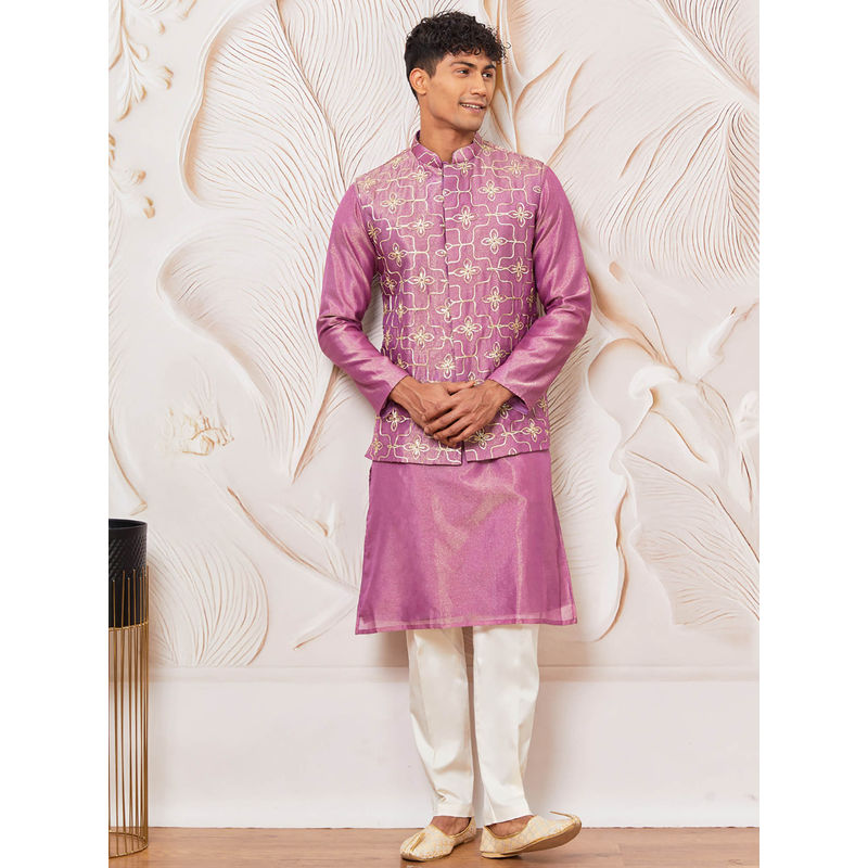 Men White Solid Kurta Pyjama with  Purple Embroidered Nehru Jacket